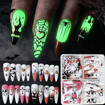 96pcs Glow In Dark Press On Nails 3D Ghost Pumpkin Skull False Nails Creative Halloween Nails  Party