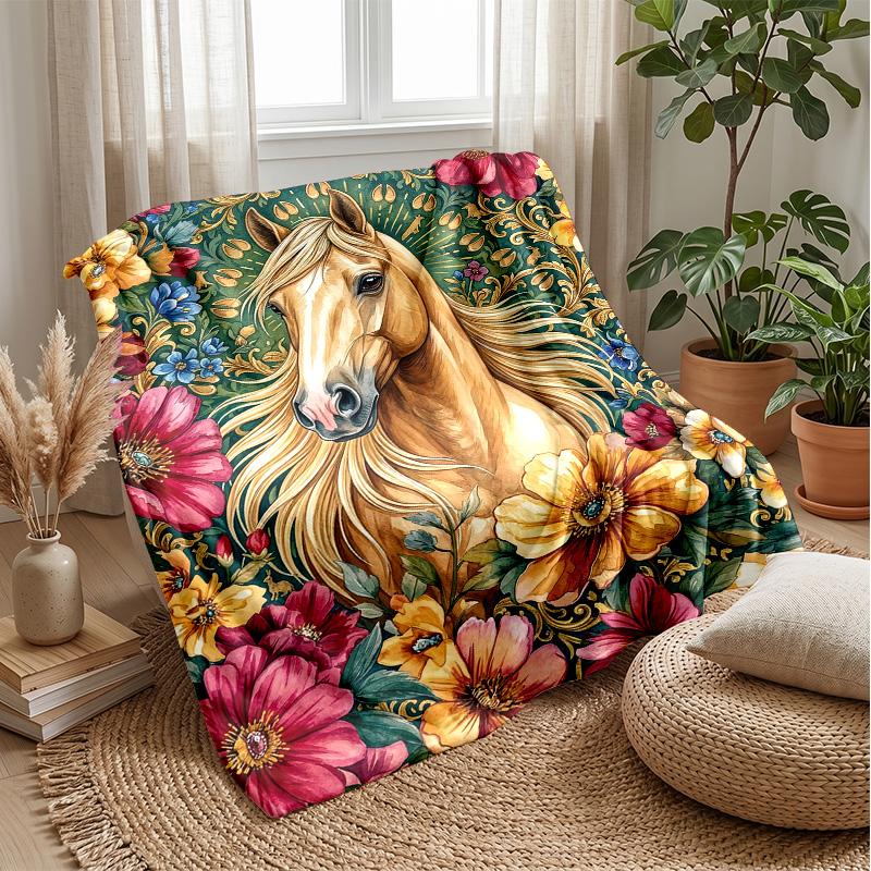 Horse Amidst Floral Splendor Theme Blanket Lightweight Warm Flannel Blanket Decorative Throw Blanket for Home Decoration