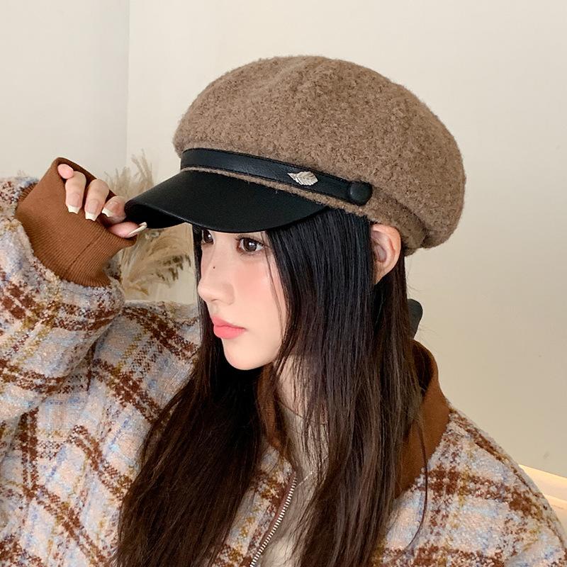 Autumn and Winter New Velvet Leather Buckle Cap Fashion Warm Navy Hat Outdoor Leisure Beret