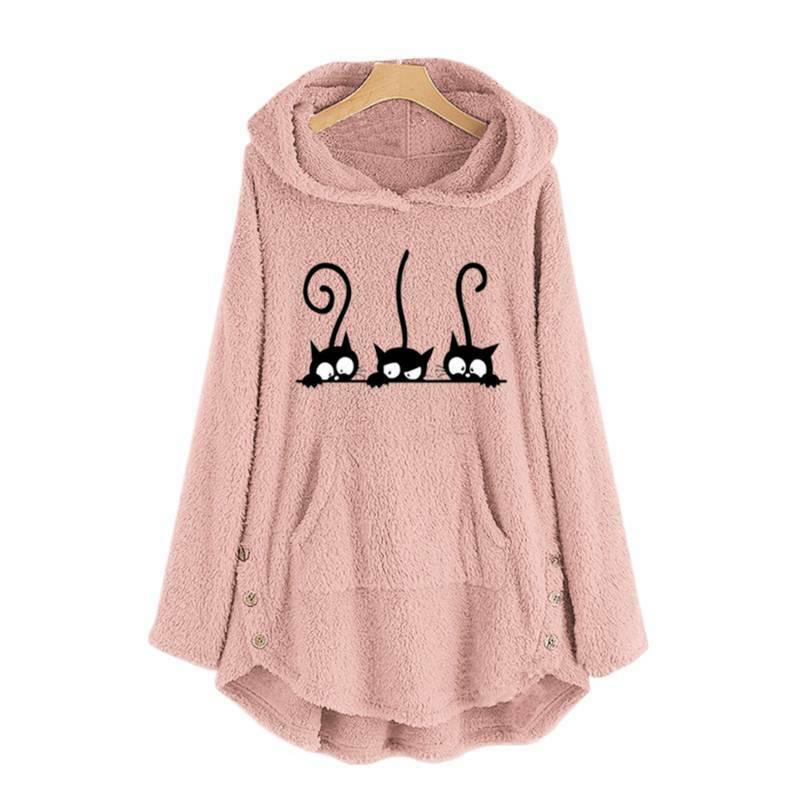 

Hoodie Winter Womens Sweatshirts Fleece Fluffy Cat Jumper Hooded Tops Pullover Pink,XL