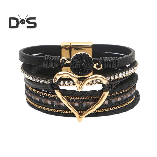 

Женский браслет, многослойный горный хрусталь, искусственная кожа, богемный стиль, плетеное сердце, легкие украшения на запястье, женский браслет, веревочный браслет