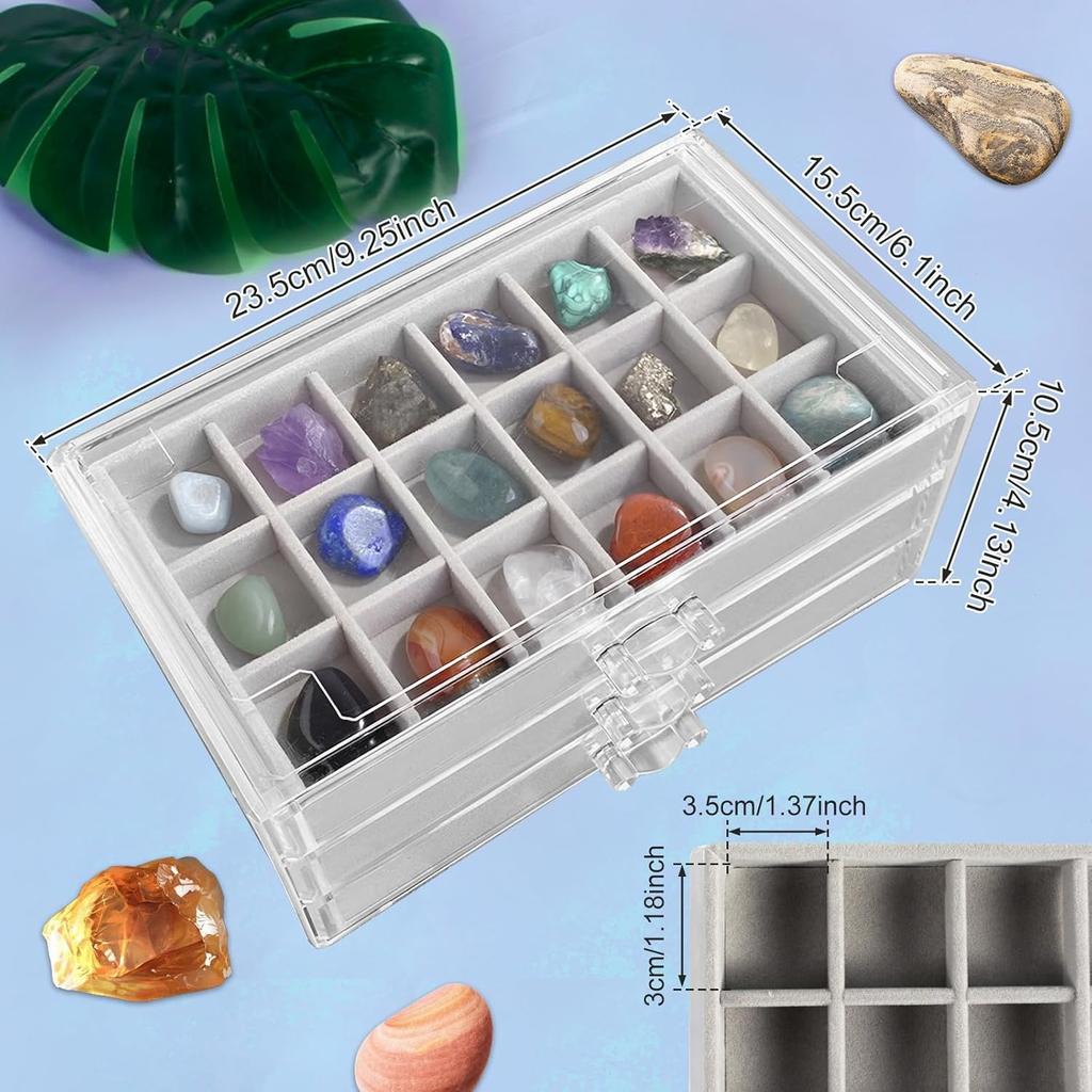 Vetrina in Cristallo con 3 Cassetti e 54 Scomparti - Grande Organizer Scatola Gioielli per Cristalli, Pietre Preziose e Rocce - Custodia Trasparente 23.5x15.5x10.5cm