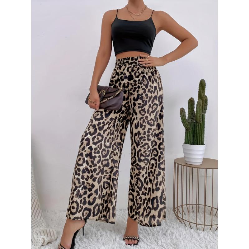 

Весенняя женская мода Классический леопардовый принт Эластичная талия Драпировка Свободный повседневный стиль Широкие брюки XXL