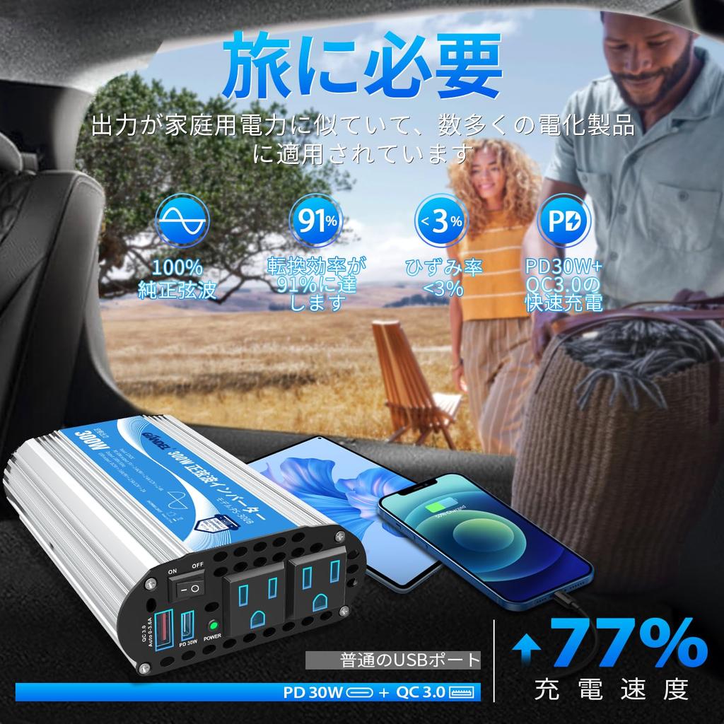 GIANDEL 300W Sine Wave Car Converter Power Converts DC12V to PD30W Charging Cigarette Lighter Emergency Disaster Preparedness Supplies Inverter,