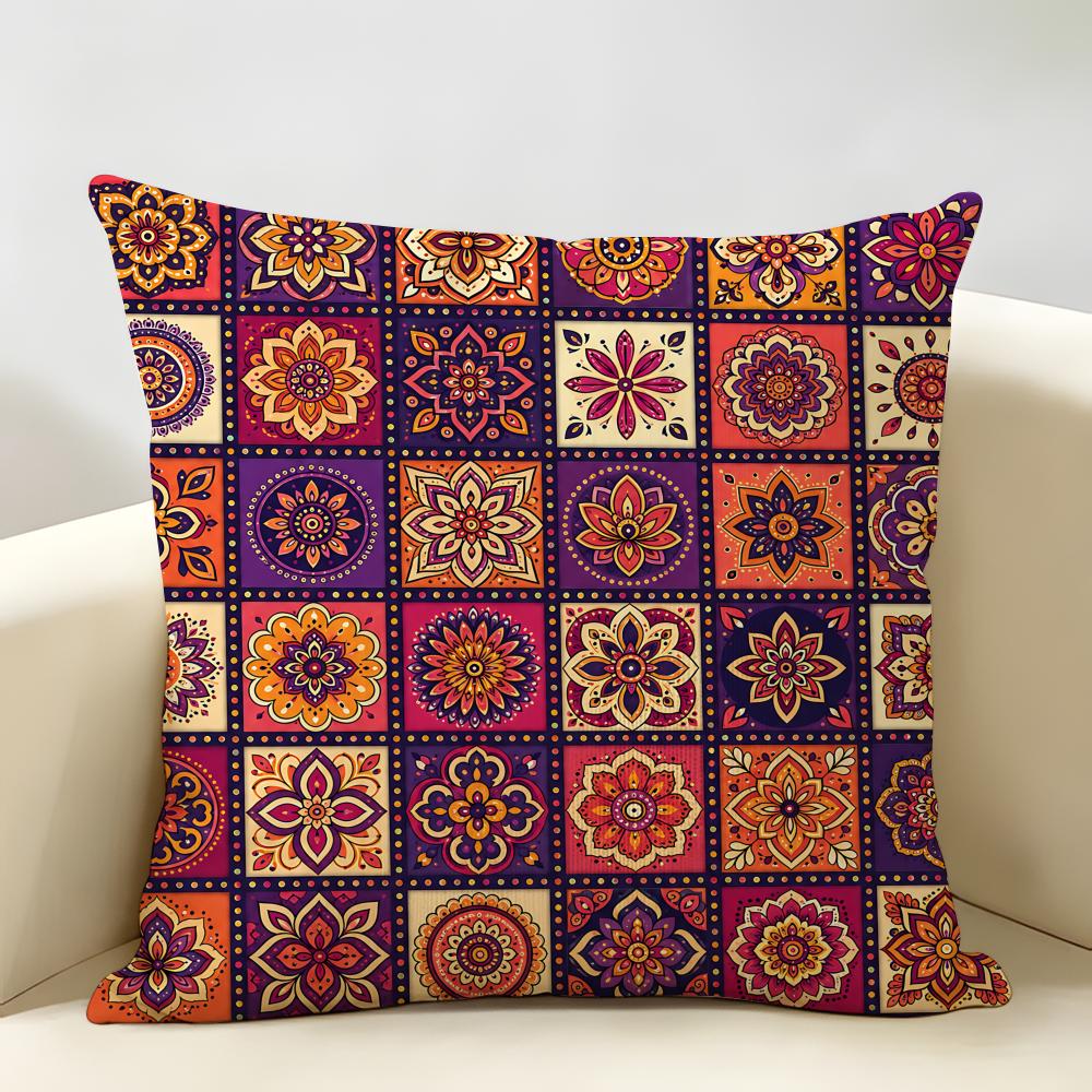 Vintage Bohemian Floral Grid Cushion Cover Natural Linen Organic Fabric DoubleSided Printing Room Sofa Decor Pillow Case
