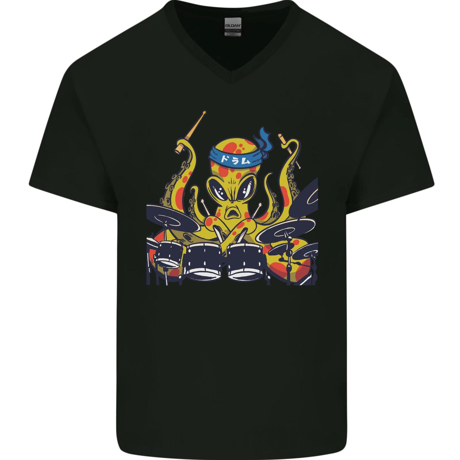 Octopus Drummer Drumming Drum Funny Mens V-Neck Cotton T-Shirt XXL