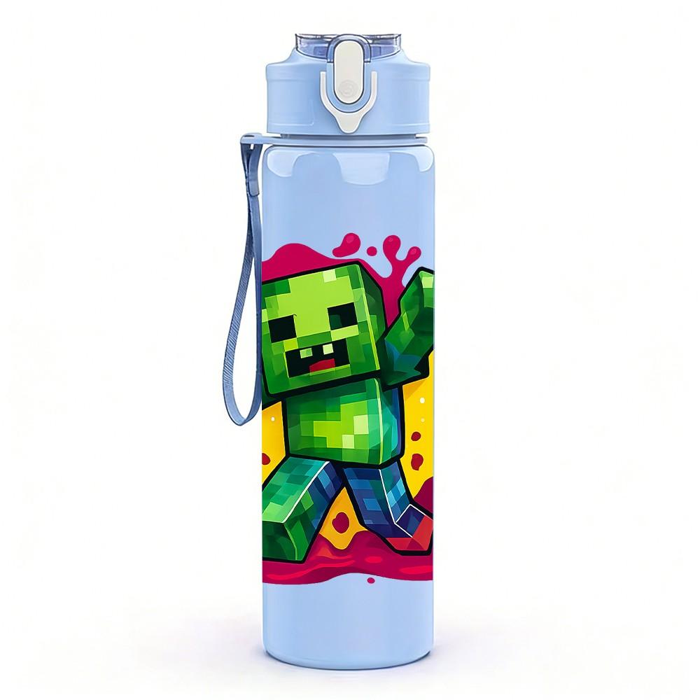 1PC Green Zombie Cartoon Print 750ml Color Plastic Sports Water Bottle Leakproof Flip Straw Lid Suitable for Sports Office Home Use