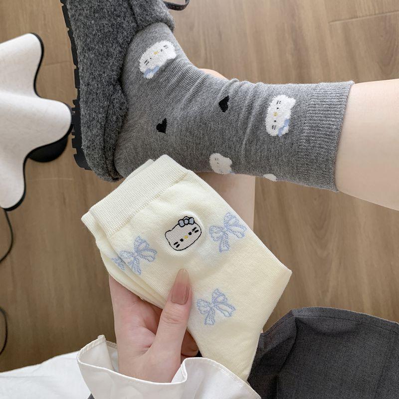 Early Autumn Socks, Korean Cute Cartoon Bow Cat Medium Tube Socks Versatile Women'S Socks Boneless Cotton Socks