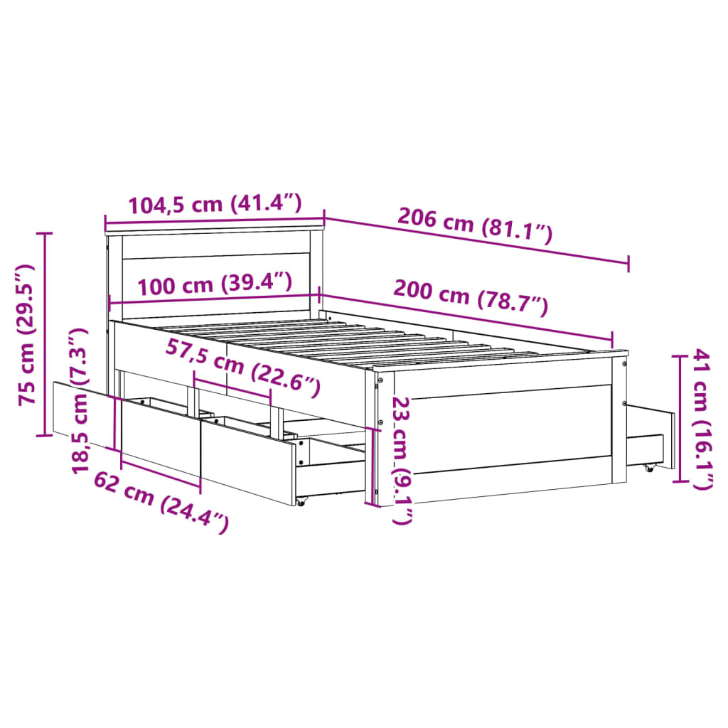 Solid Wood Bed without Mattress with Headboard 100 x 200 cm Wax Brown