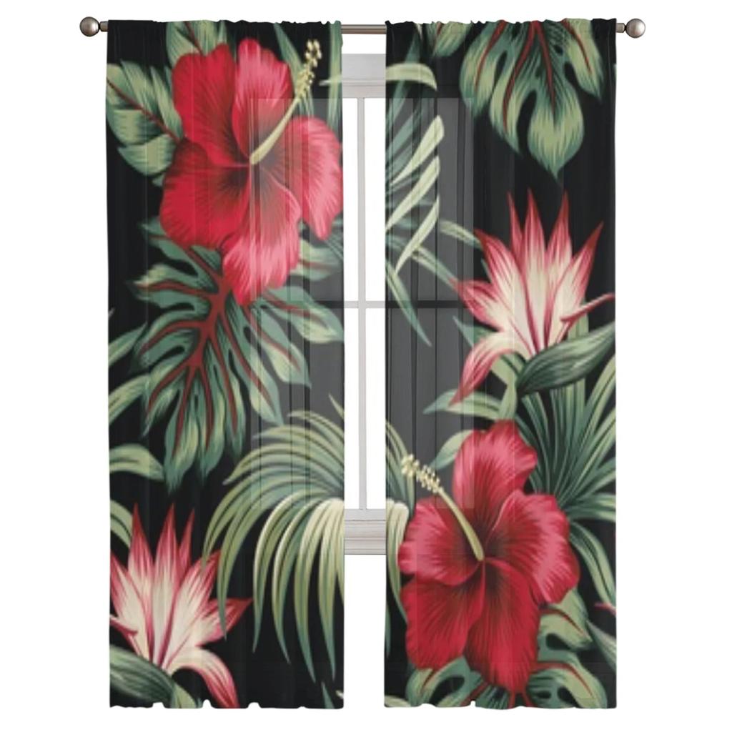Tropical Vintage Hibiscus Floral Sheer Window Curtains For Living Room Bedroom Voile Tulle Curtains Fabric Drapes For Kitchen