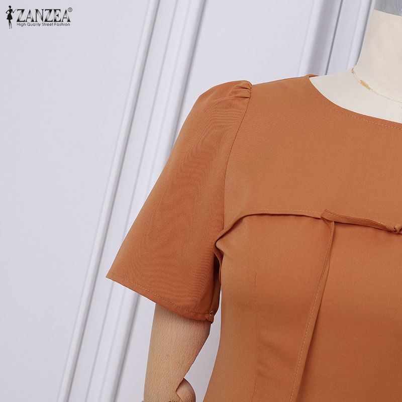 ZANZEA Women Casual Round Neck Solid Color Short Sleeve Dress