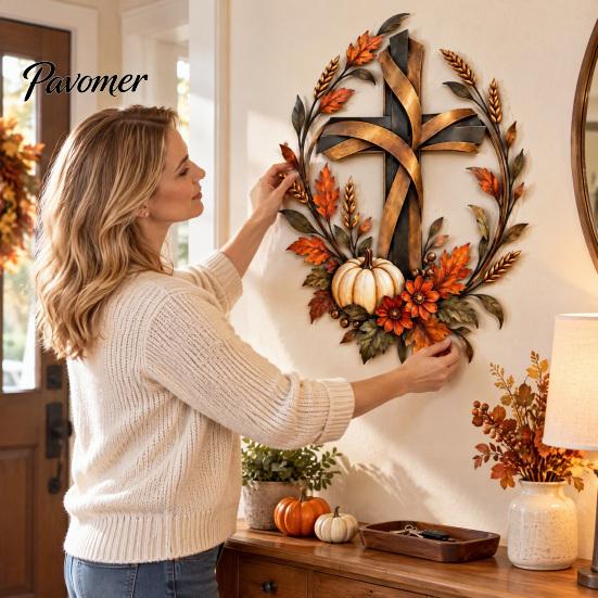 Floral Pumpkin Cross Sign Autumn Harvest Metal Wall Decor, Rustic with Golden Wheat Farmhouse Thanksgiving Door & Fall Leaves, Plaque for Porch Garden