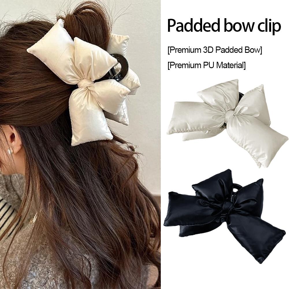 1 Pcs Black Leather Cotton Stuffing Bow Claw Clip,Large Jaw Clips for Thick Hair,No-slip Fashion Winter Hair Accessory for Girls