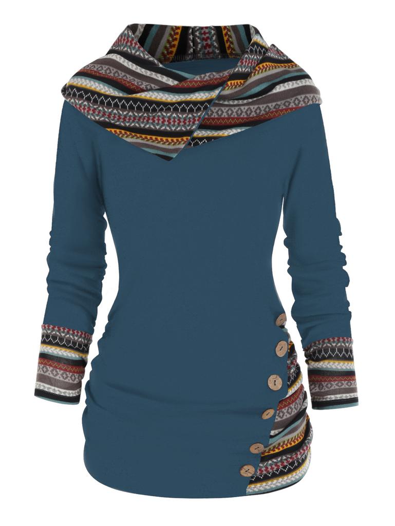 Tribal Geometric Stripe Splicing Hooded Top Knitted Long Sleeve Button Casual Ethnic Sweater