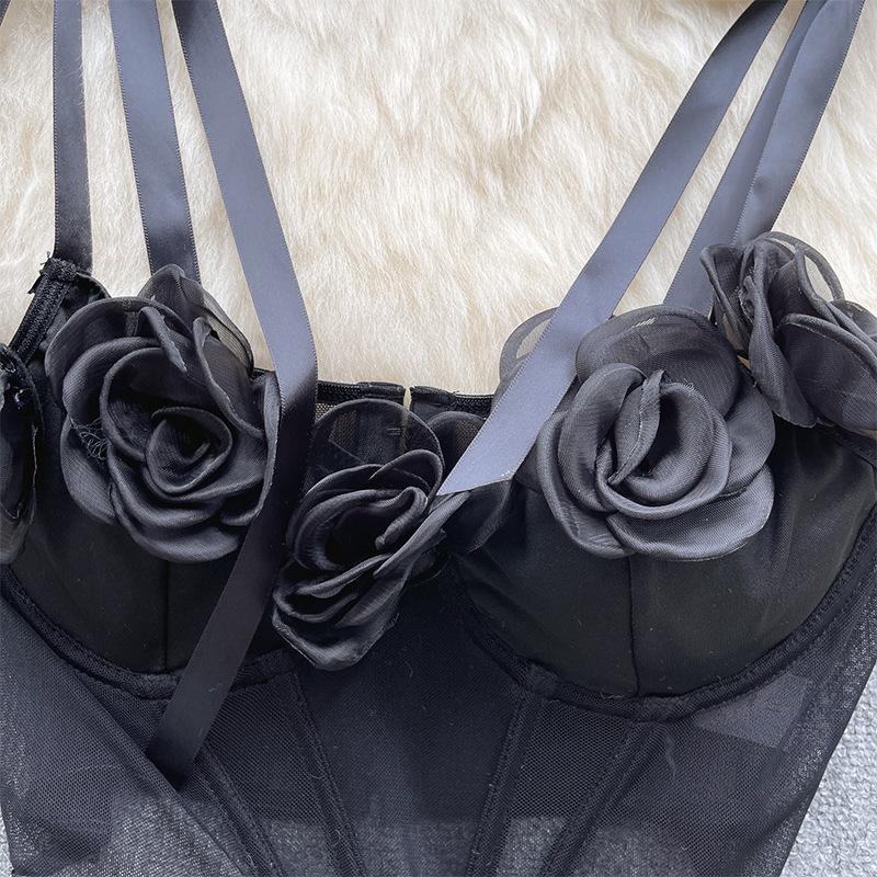Dámský trojrozměrný květinový dekor jednobarevný poloprůhledný sexy šněrovací krátký top tílko