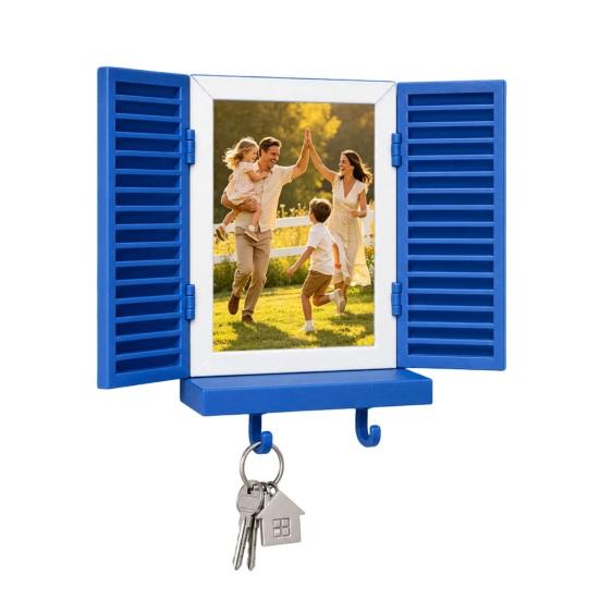 Key Holder with Hidden Storage Shelf, Mediterranean-Style Window Frame Photo Display Stand, Functional Entryway Organizer with Blinds Decor