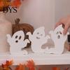 Cute Halloween Room Decor Ghost Wooden Table Sign, Spooky White Standing Modern Farmhouse Accents Block Sign for Holiday Tiered Tray Centerpiece,