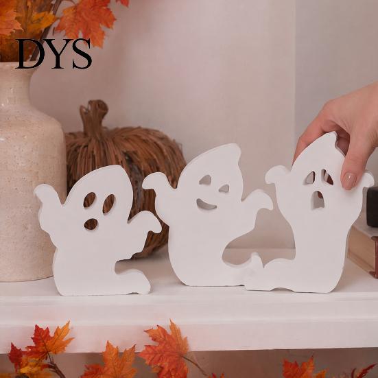 Cute Halloween Room Decor Ghost Wooden Table Sign, Spooky White Standing Modern Farmhouse Accents Block Sign for Holiday Tiered Tray Centerpiece,