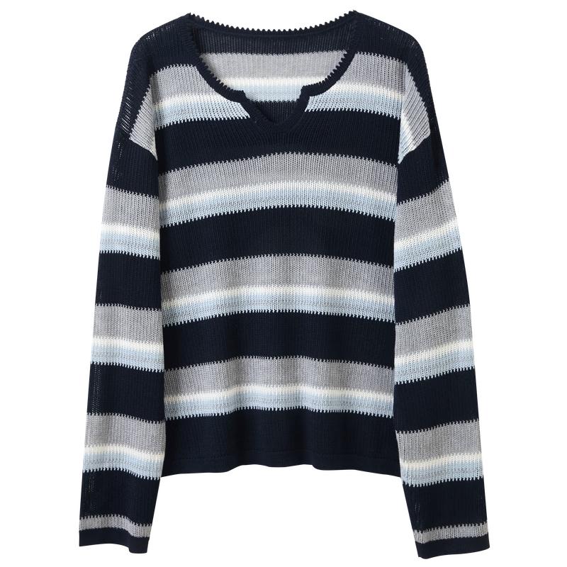 

Sancai 2026 Spring Drop Shoulder Striped Openwork Knit Pullover M