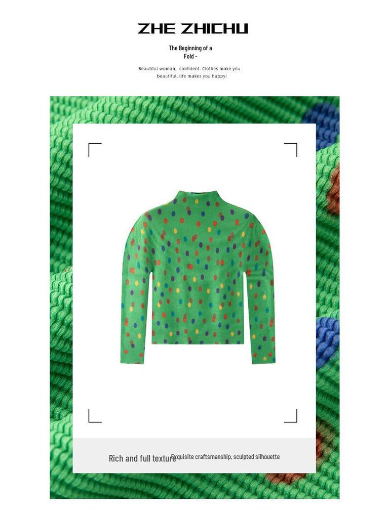 Miyake Dam 2026 Vår Tryckt Veckad Långärmad Hög Krage Smal T-shirt