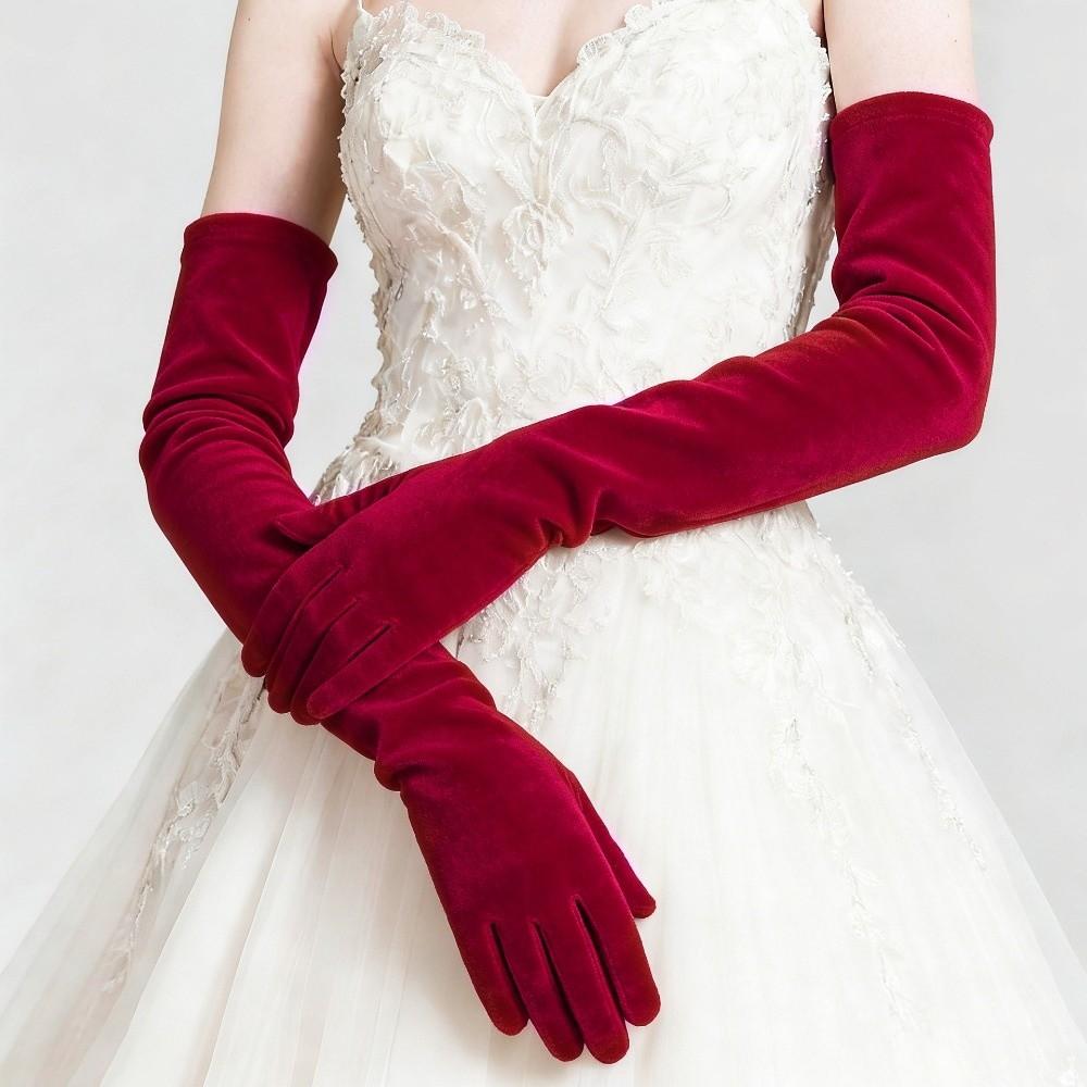 Full Finger Velvet Long Gloves 53cm Evening Dress Gloves Women s Fluffy Gloves Party вино красного