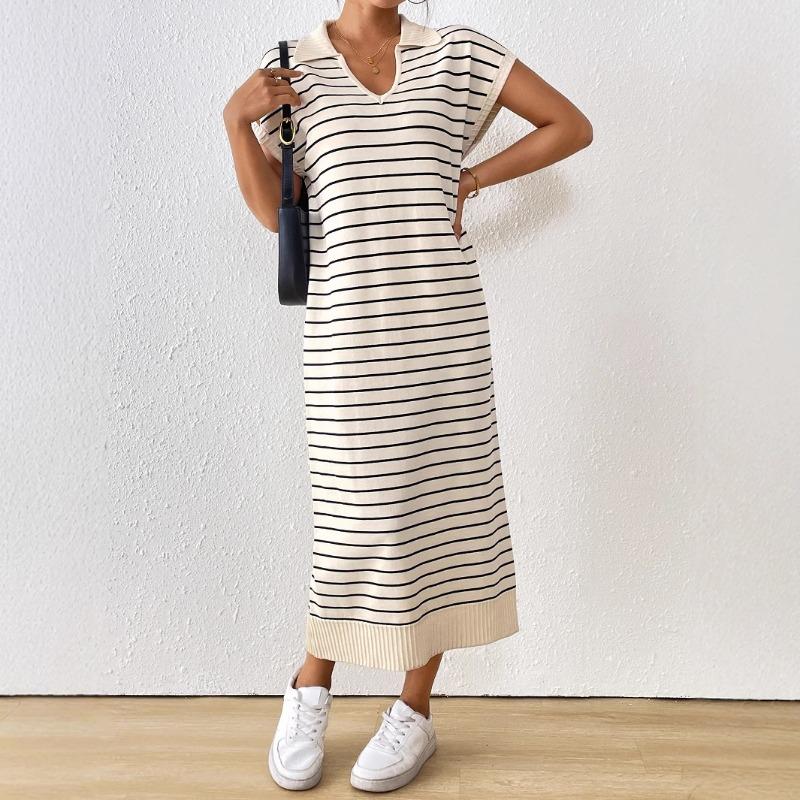 Women's Summer Sexy Knitted Striped V Neck Long Dress
