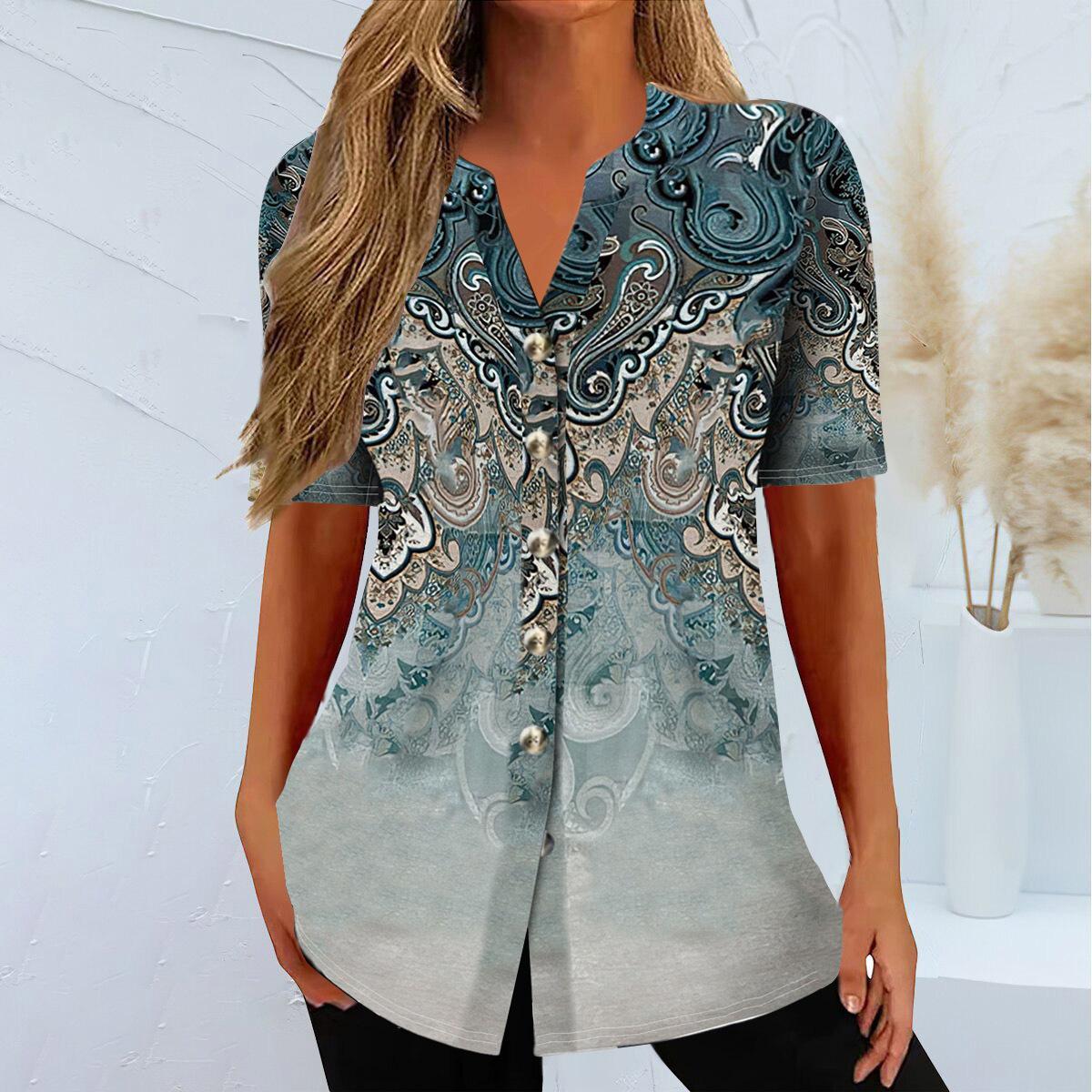 

Летняя футболка больших размеров, женские топы с короткими рукавами и этническим принтом 4XL темно-синий