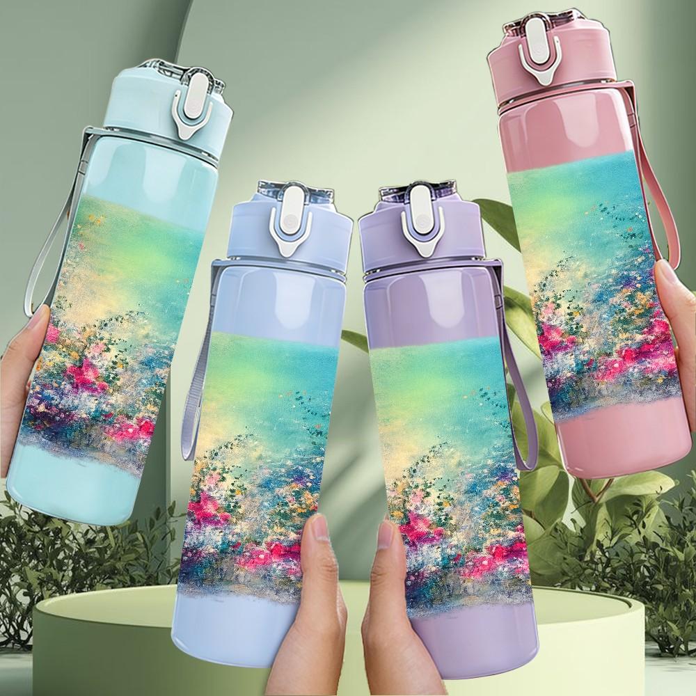1PC Dreamy Blue Watercolor Scene Print 750ml Color Plastic Sports Water Bottle Leakproof Flip Straw Lid Suitable for Sports Office Home Use
