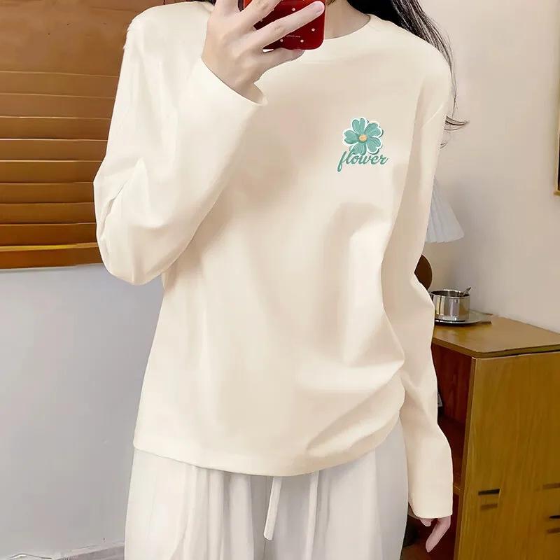 Women's 100% Cotton Long-Sleeve Korean Style Loose Fit Round Neck Shirt - 2025 Spring/Autumn