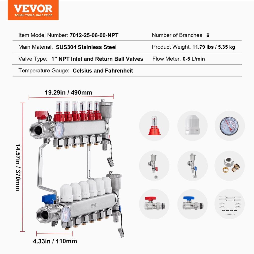 6-Branch Radiant Heat Manifold 1/2" PEX Tubing Floor Heating Manifold Set
