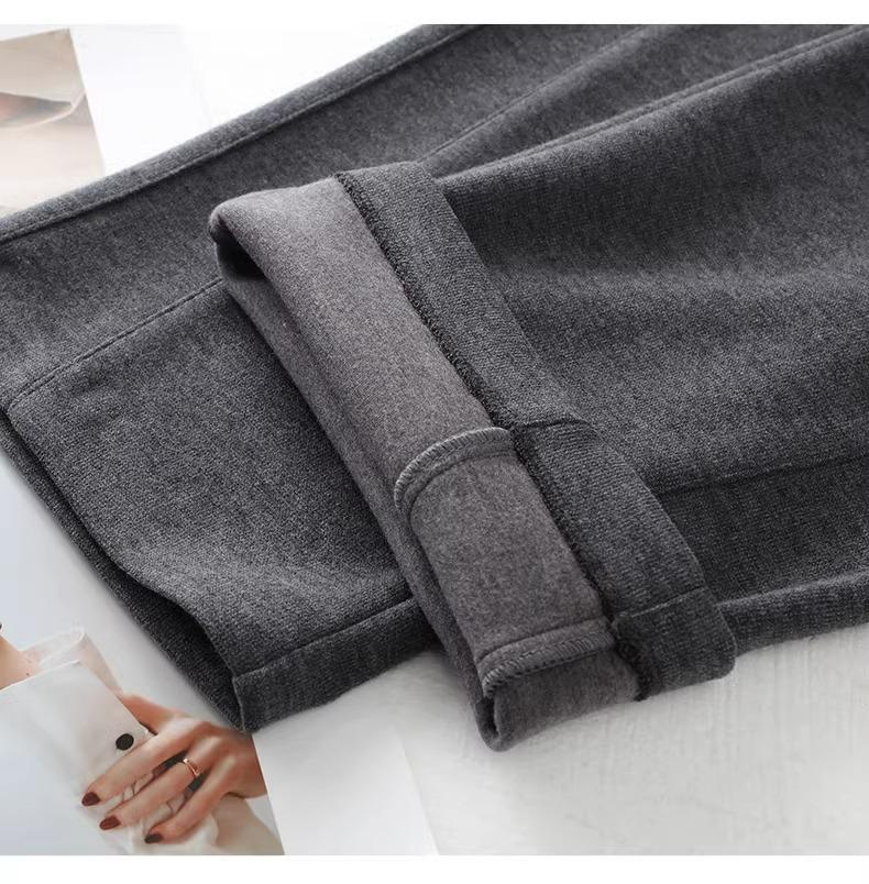 Pantaloni largi de cașmir gri pentru femei, căptușiți cu fleece, amestec de lână, lungi până la podea, toamnă și iarnă 2024.