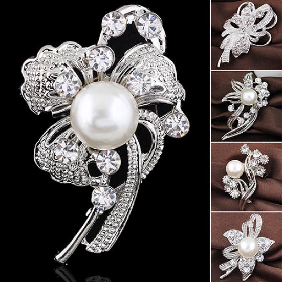 New Bouquet Rhinestone Bridal Pin Silver Crystal Brooch Pearl Brooches Flower