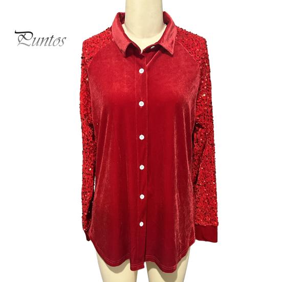 Soft Breathable Shirt Women Button-Down Lapel Long Sleeve Tops Solid Color Glitter Loose Fit Shiny Sequins Velvet Cocktail Party Wear Sweat-absorbent