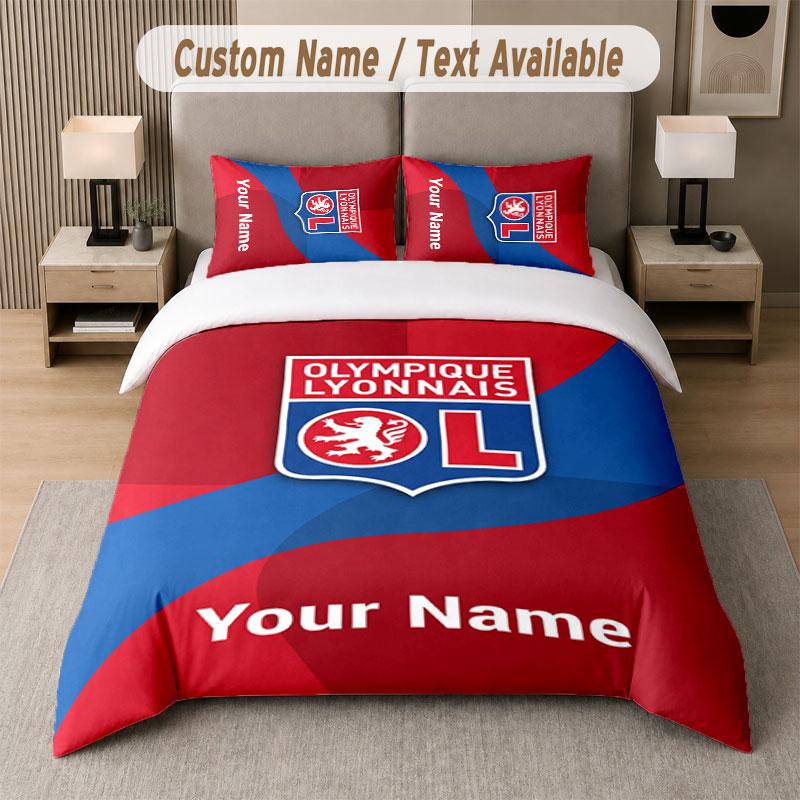 Custom Bedding Set Lyon FC Pattern, Print Name Text 1 Duvet Cover plus 2 Pillowcases Home Textile