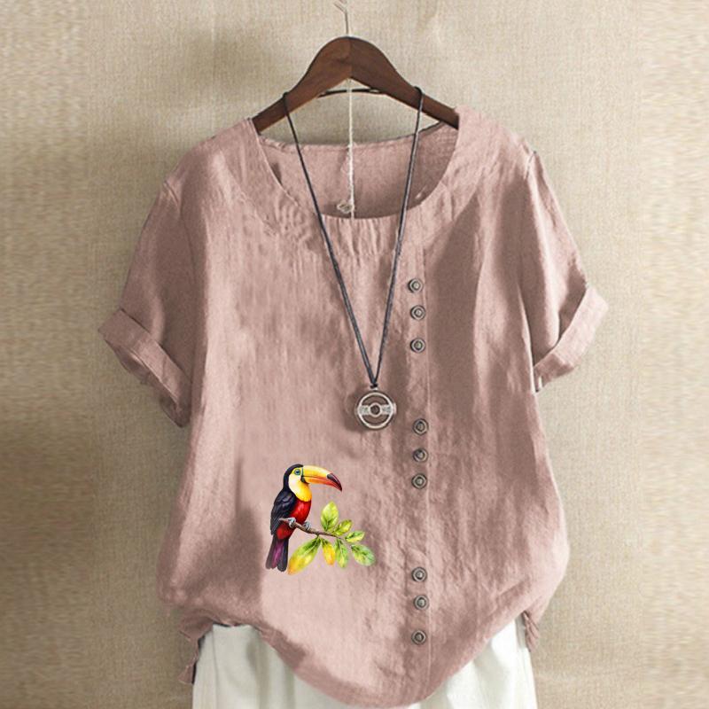 Women's Fashion Round Neck Short Sleeve T-shirt Casual Cotton Linen Pattern Shirt Leisure Loose Bird Prined Summer Blouse Tops