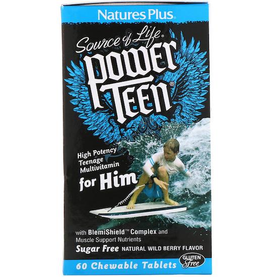 Nature's Plus- Source of Life, Power Teen, For Him, Sugar Free, Natural Wild Berry Flavor, 60 Chewable Tablets