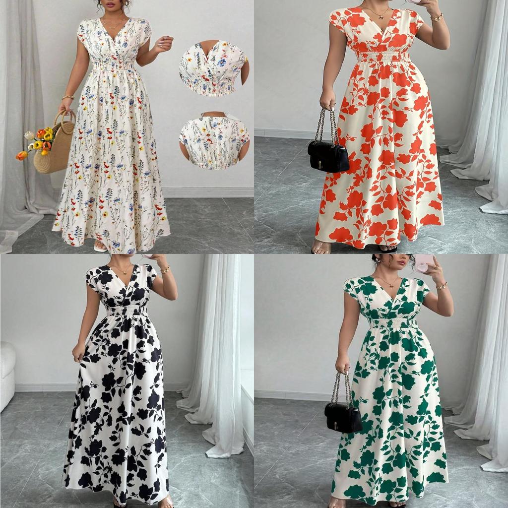 Floral Print V Neck Long Dress With Belt For Summer Casual Womens Wear