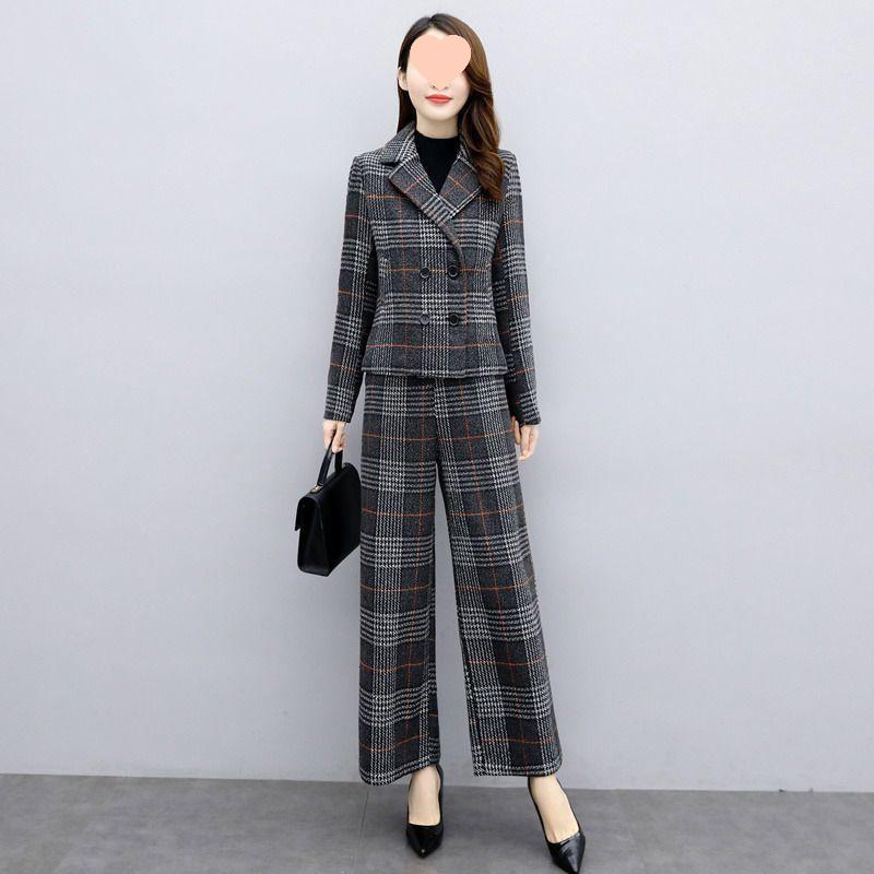 Women's Plus Size Wool Suit: Autumn/Winter 2025, Two-Piece Set with High-Waist Wide-Leg Pants