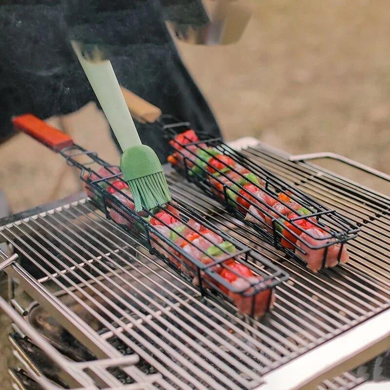 Outdoor Holzgriff Grill Käfig Camping Fleisch und Gemüse Grill Net Rack Picknick Grill Werkzeuge