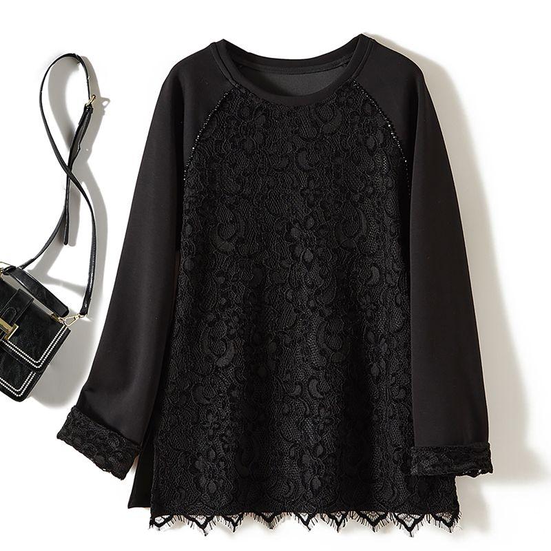 

Artistic Style Female Fake Two-Piece Ponte De Roma Long Sleeves Raglan Sleeve Cocoon Shaped Slim Looking T-shirt Thickness Lace Attached New Outwear Black L