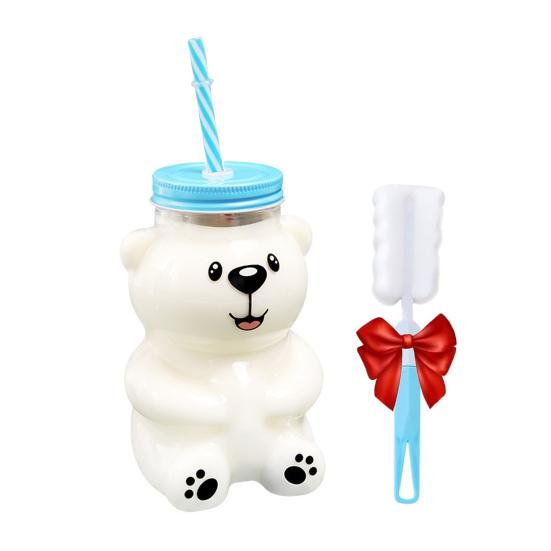 Medvědí skleněný pohár s víčkem a brčkem Opakovaně použitelný medvědí brčkový pohár Roztomilý skleněný tumbler na kávu, pivo, víno, koktejl