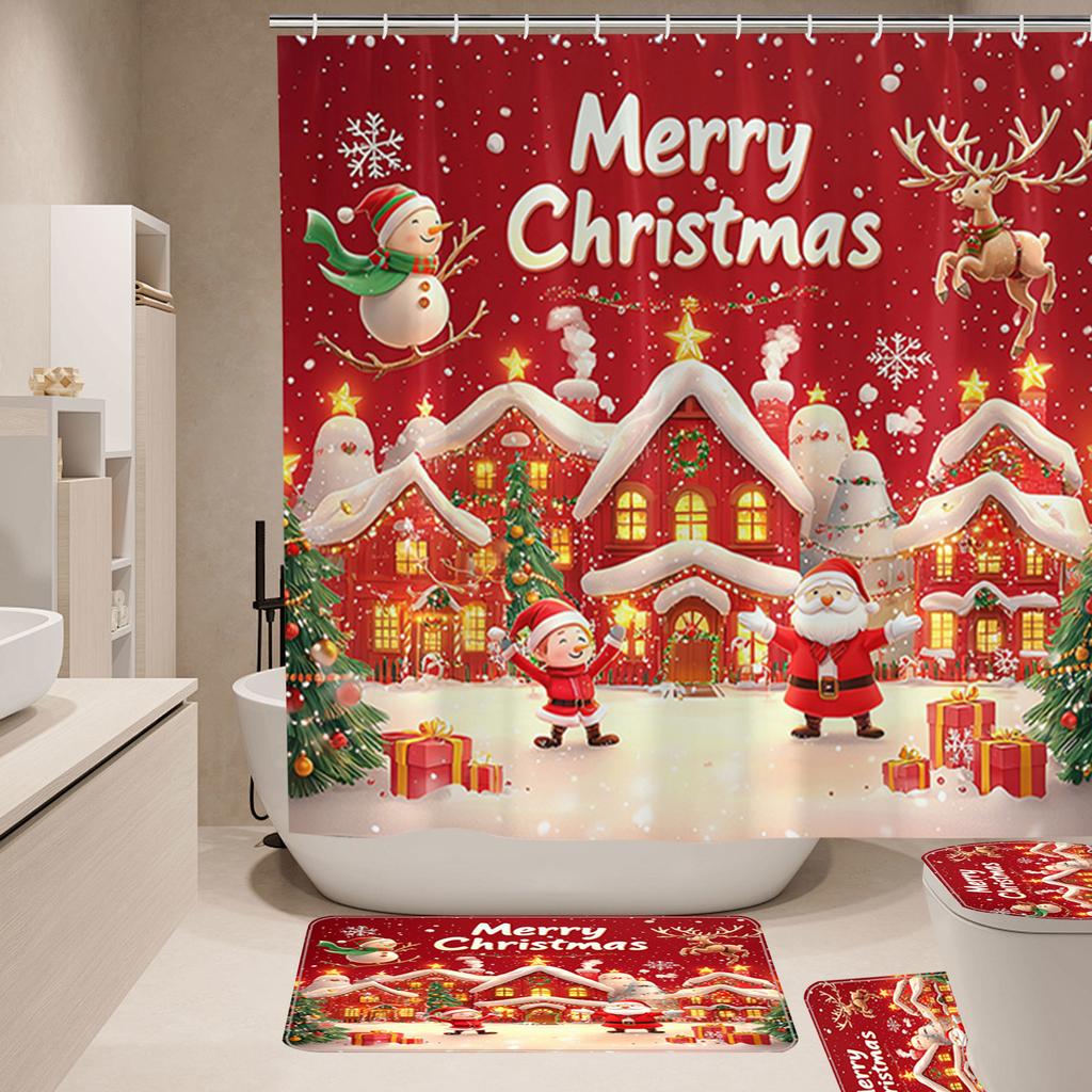 4Pcs Christmas Shower Curtain Set Non-Slip Bathroom Decoration Set Waterproof Home Bathroom Decor Suit Festival Gift for Friends