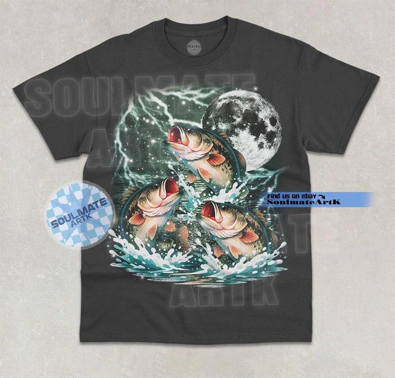 Three Bass Moon T-Shirt Funny Fishing Angler Fish Lover Graphic Unisex Shirt 4XL