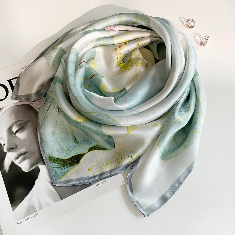 Spring and Autumn New Lotus Plain Crepe Satin Printed Shawl Premium 100 Mulberry Silk Silk Scarf Versatile Silk Square Scarf