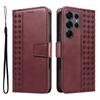 For Samsung Galaxy S25 Ultra Leather Case Wallet Stand Grids Imprinted Phone Cover with Strap