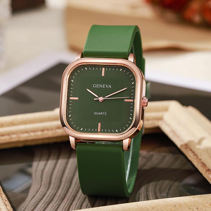Rose Gold Silicone Strap Square Quartz Watch for Women and Students