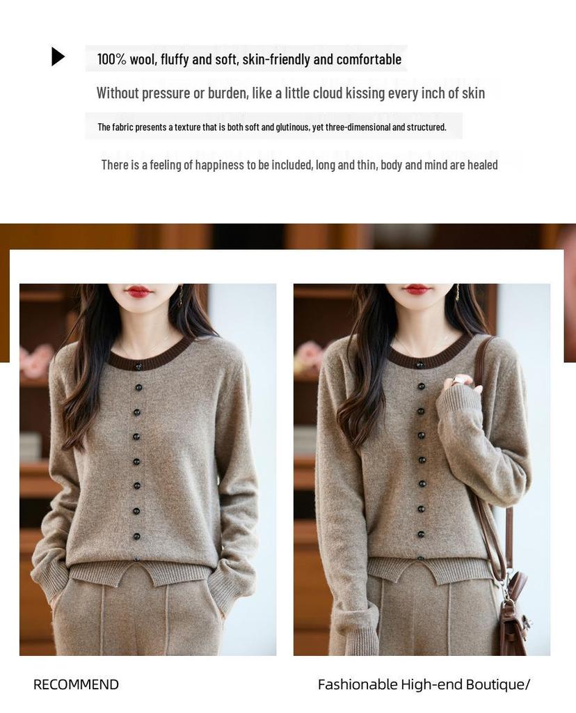 Women's Color Block Two-Piece Look Wool Sweater - Slim Fit, Loose, Round Neck Knitwear for Spring and Autumn