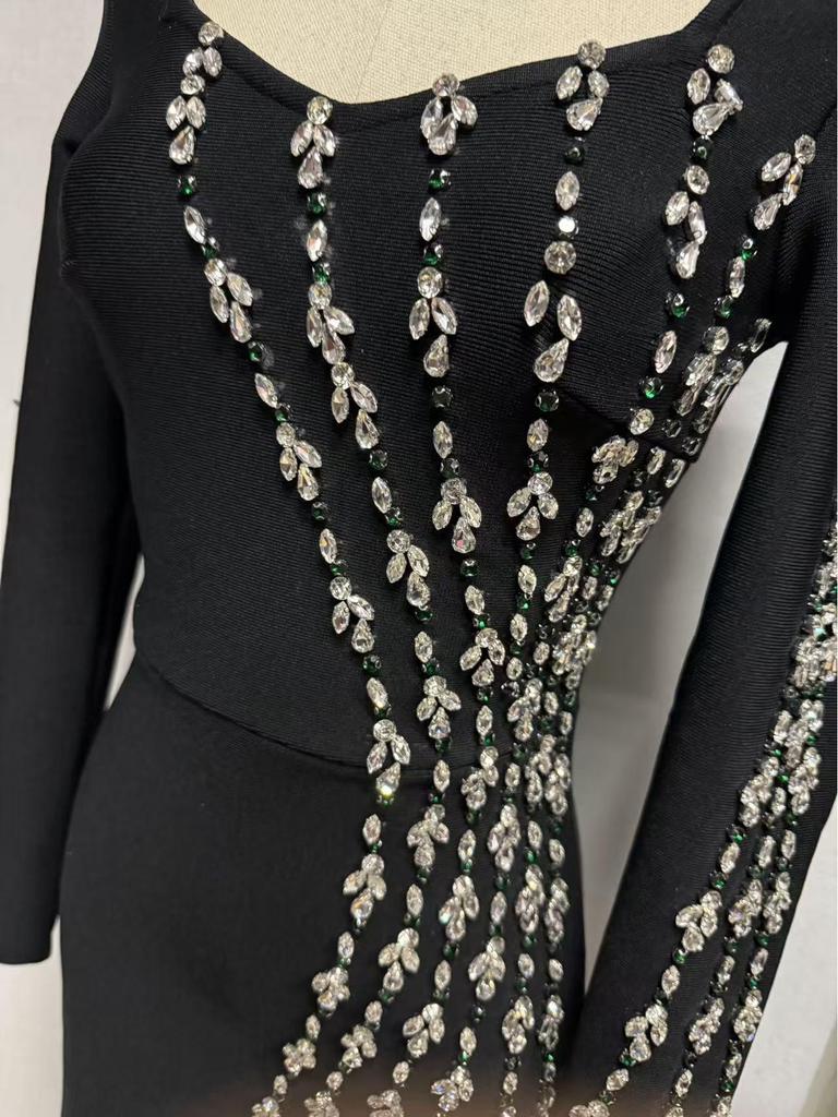 2025 Diamond-Studded Bandage Evening Dress – Sexy Long-Sleeved European & American Style
