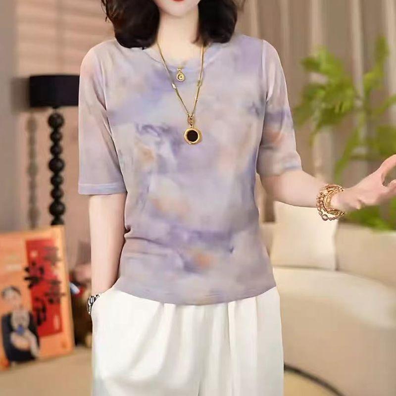 Womens Tie Dye Print T Shirt Round Neck Half Sleeve Casual Slim Fit Top