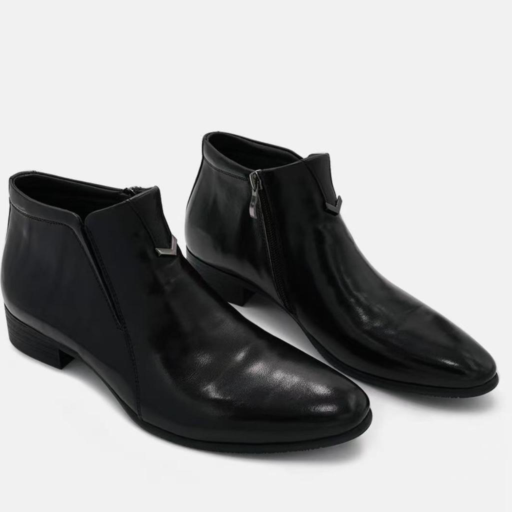 Autumn and winter British Chelsea leather boots men's velvet zipper leather boots pointed high-top leather shoes